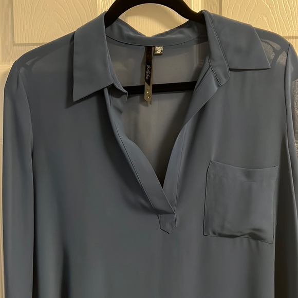Blue Collared Sheer Long Sleeve Top - Picture 3 of 4
